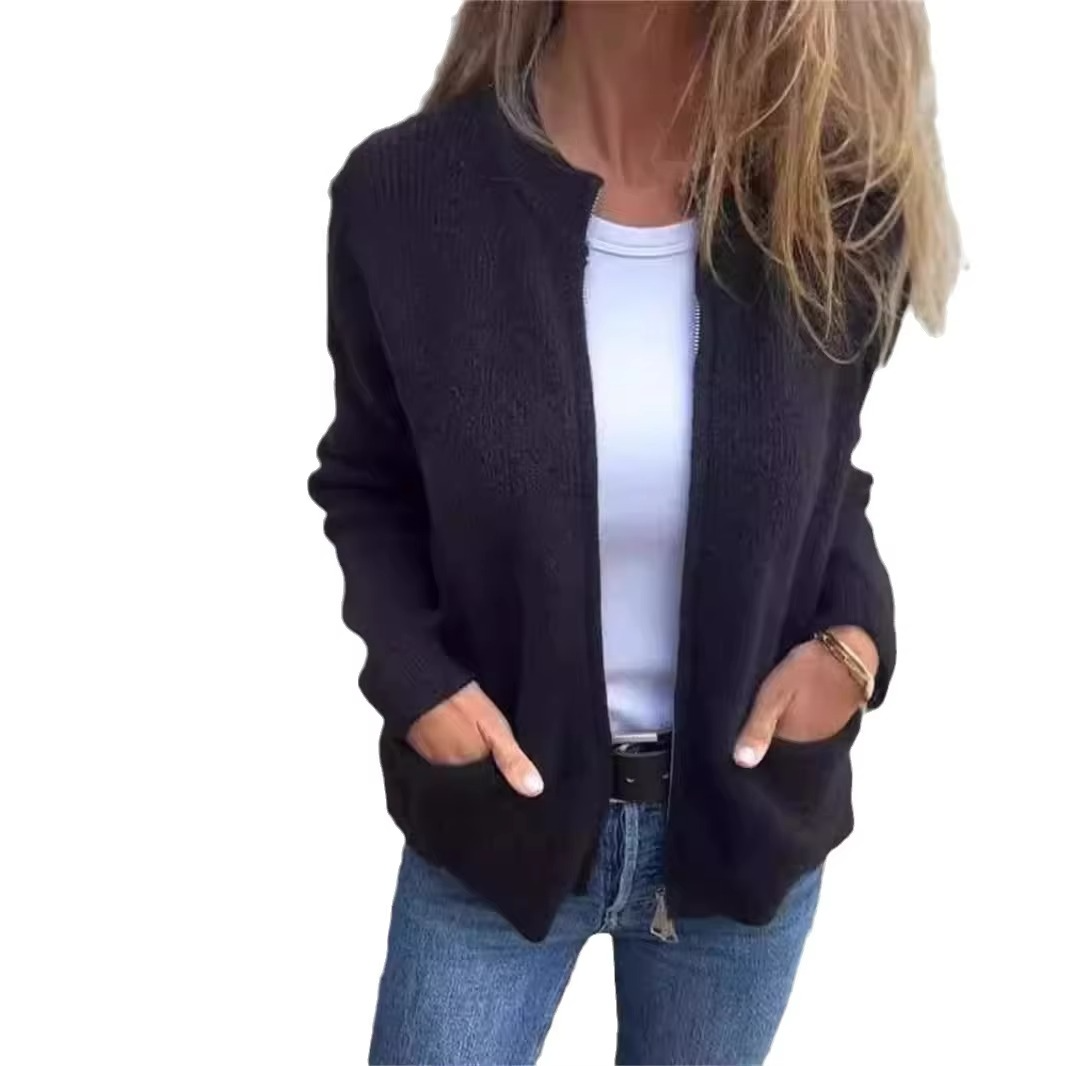 Women's cozy stand collar knit jacket with full zip closure, versatile layering essential for everyday warmth