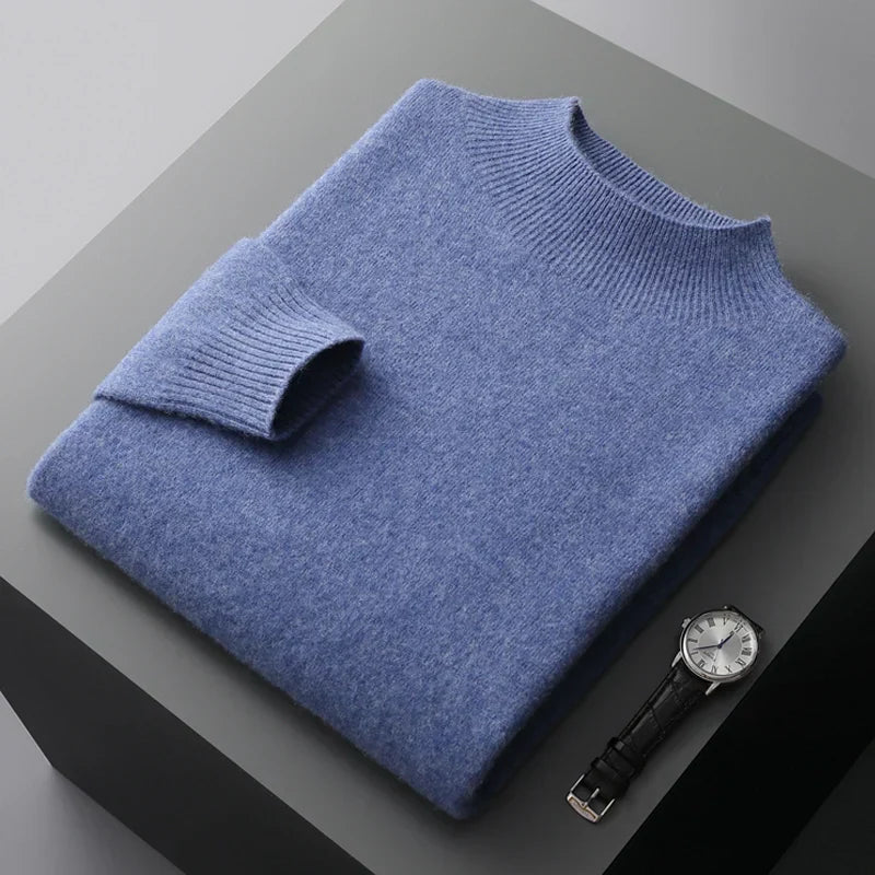 Men's wool knit sweatshirt regular fit semi turtleneck ribbed cuffs warm winter pullover