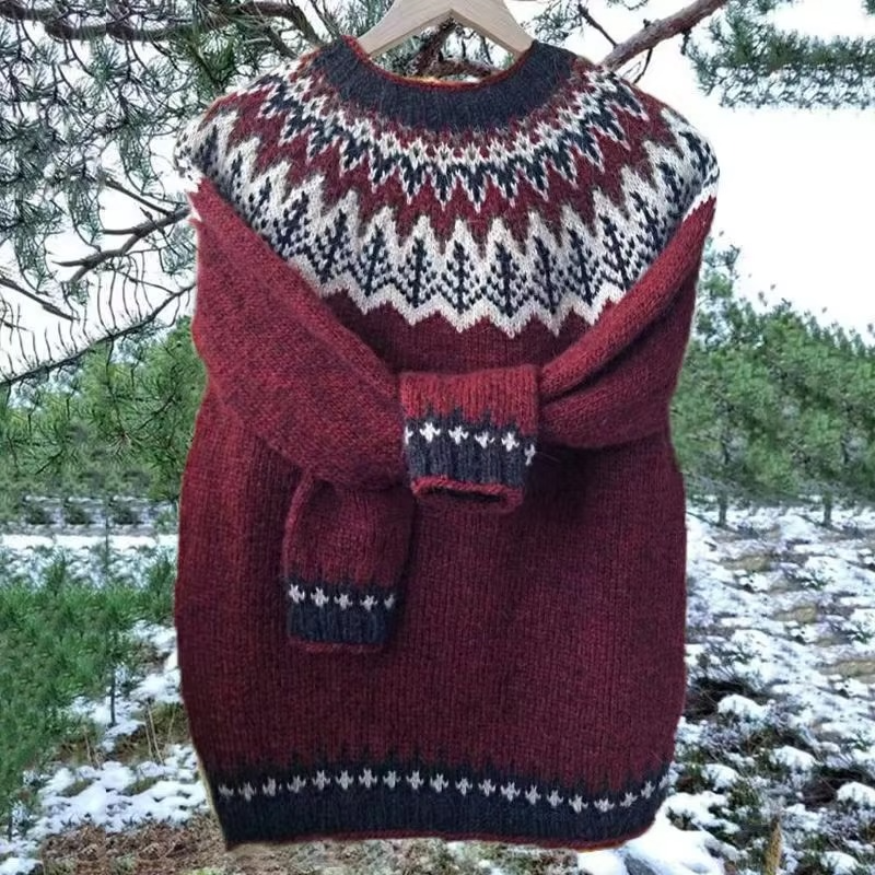 Women's color block knit pullover sweater loose fit round neckline casual layered style