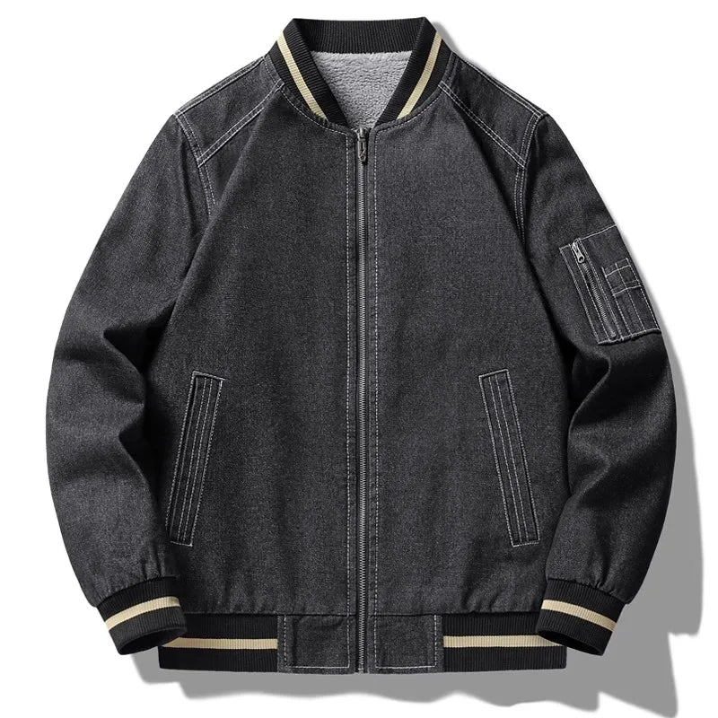 Stone washed denim varsity jacket fitted silhouette yellow striped ribbed collar cuffs fleece lined