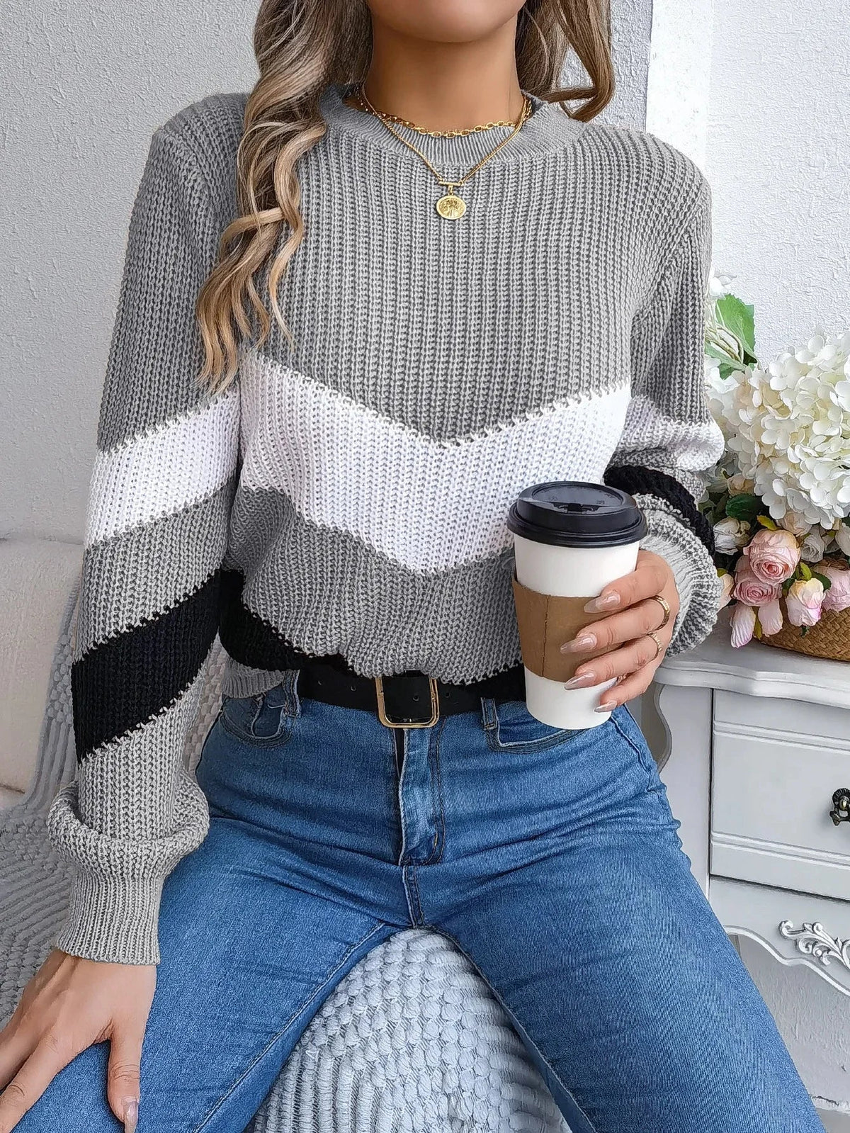 Women's cashmere turtleneck sweater cozy fit bold chevron color-block pattern fashion-forward winter style