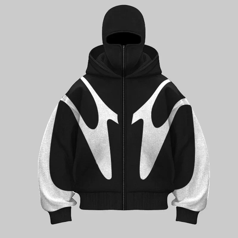 Black heavyweight windproof balaclava hoodie with bold spliced design and built-in full-face mask