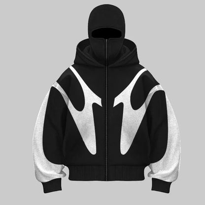 Black heavyweight windproof balaclava hoodie with bold spliced design and built-in full-face mask