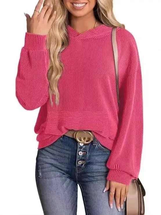 Women's light gray relaxed-fit casual hoodie with round neck and long sleeves for spring