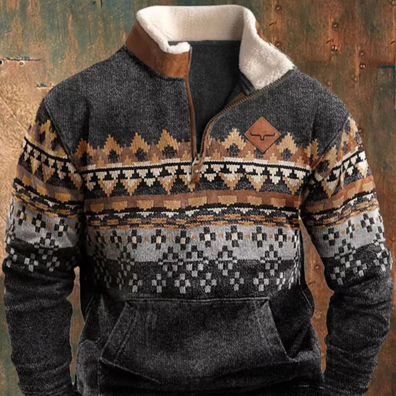 Men's retro 3D printed hooded jacket with leather collar, bold street-style graphic outerwear
