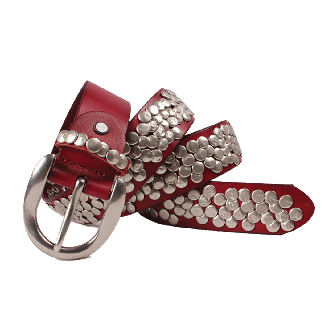 Genuine leather belt with hammered nailhead studs and steel hardware, industrial artisan style