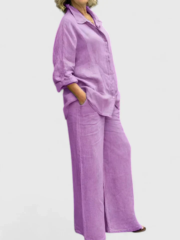 Soft pink linen two-piece set oversized button-down shirt matching wide-leg pants relaxed minimalist style