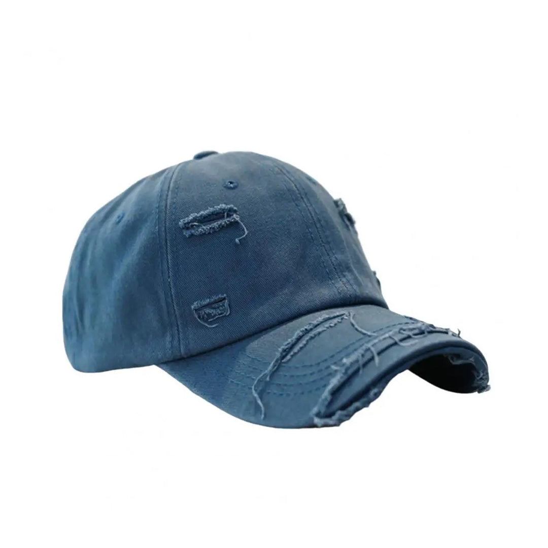 Vintage distressed cotton baseball hat with extended brim and rugged ripped details, available in 9 colors