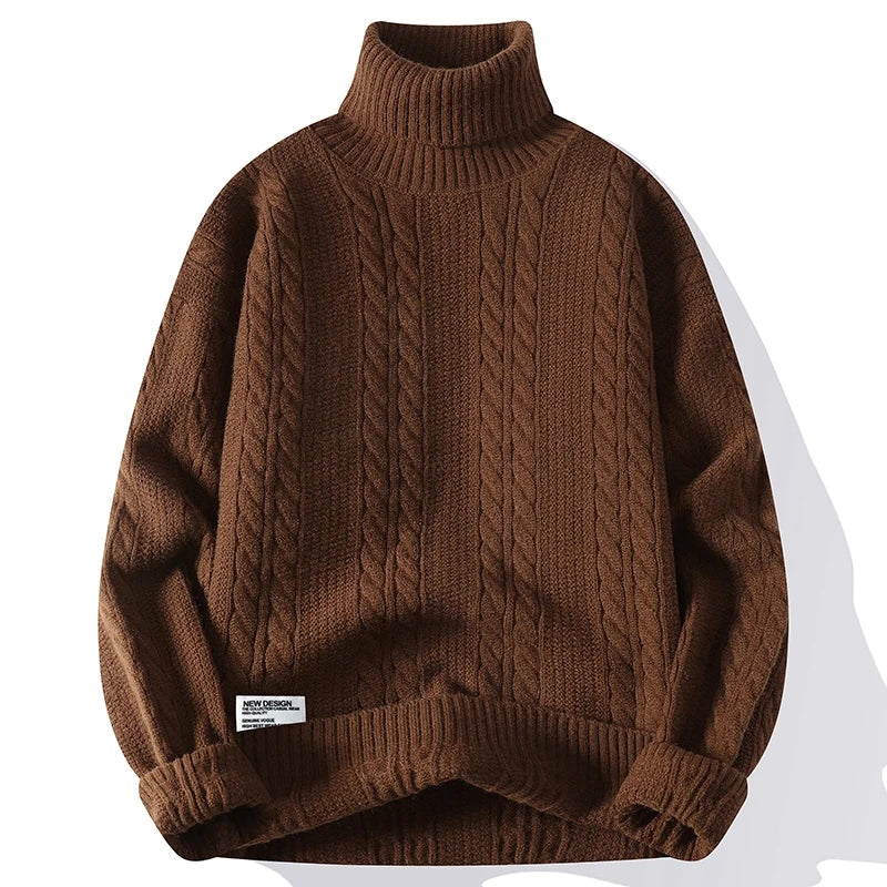 Slim-fit cable-knit turtleneck sweater in neutral tone with all-over textured knit pattern