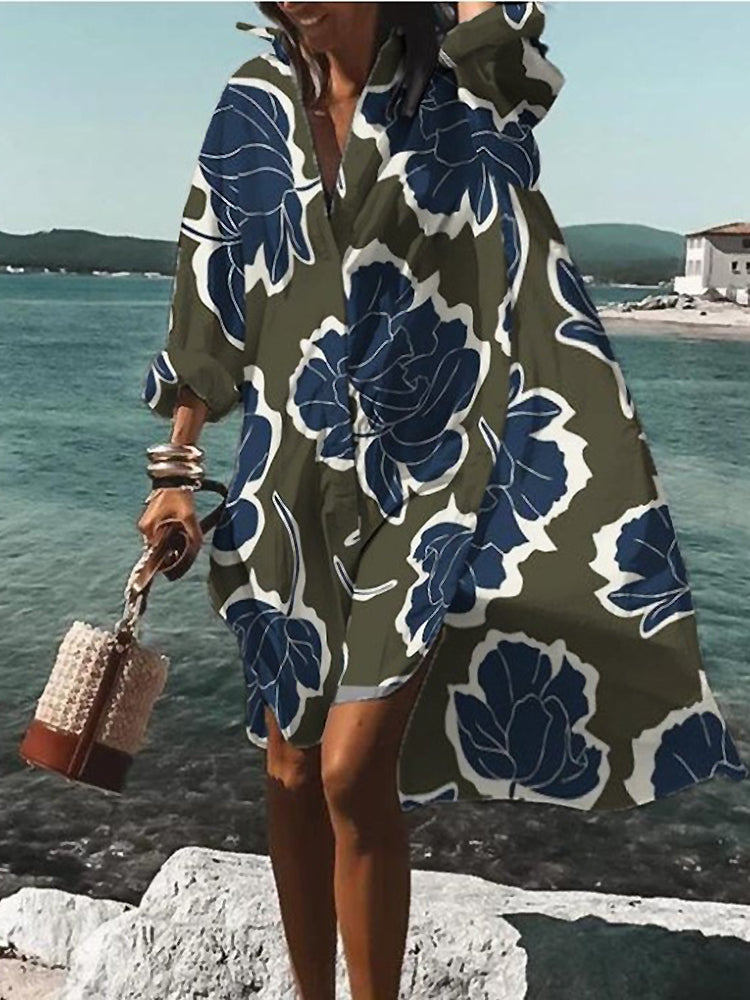 Floral oversized midi shirt dress relaxed silhouette breezy summer style vibrant print flattering fit