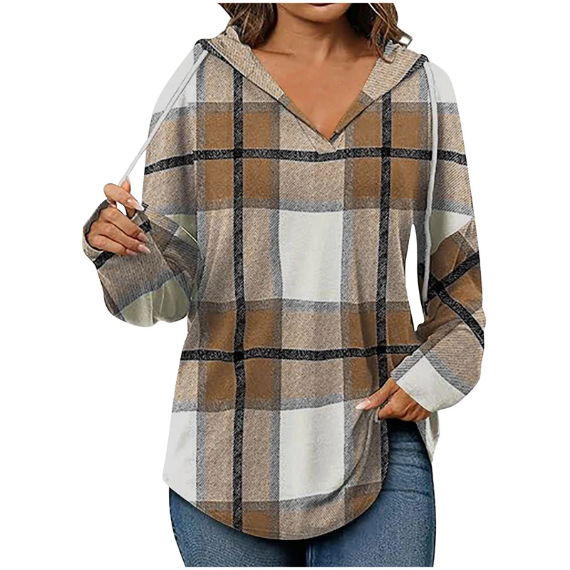 Women's ruby red oversized V-neck hoodie cozy plaid knit grid pattern streetwear casual fit