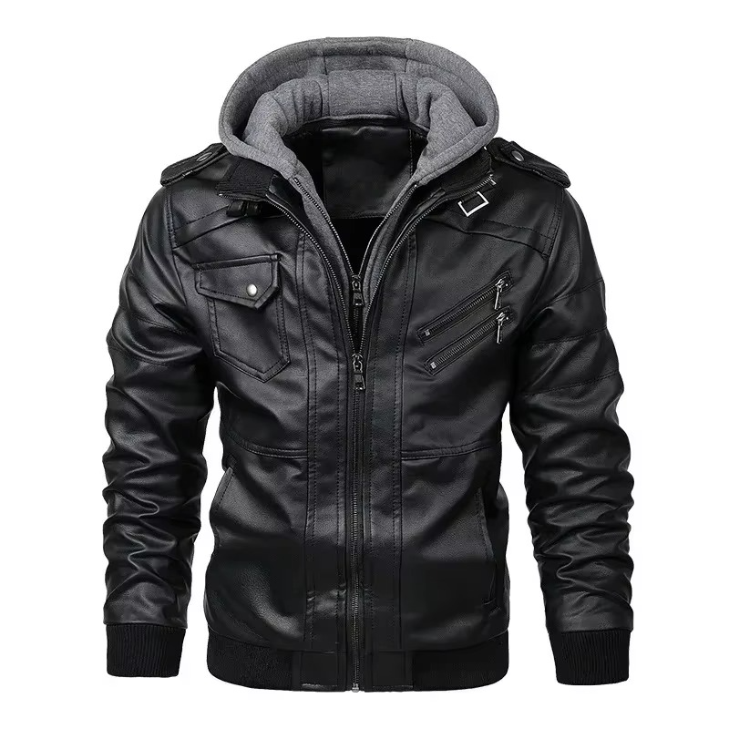 Men's black PU leather hooded biker jacket zip-up streetwear coat motorcycle-inspired silhouette