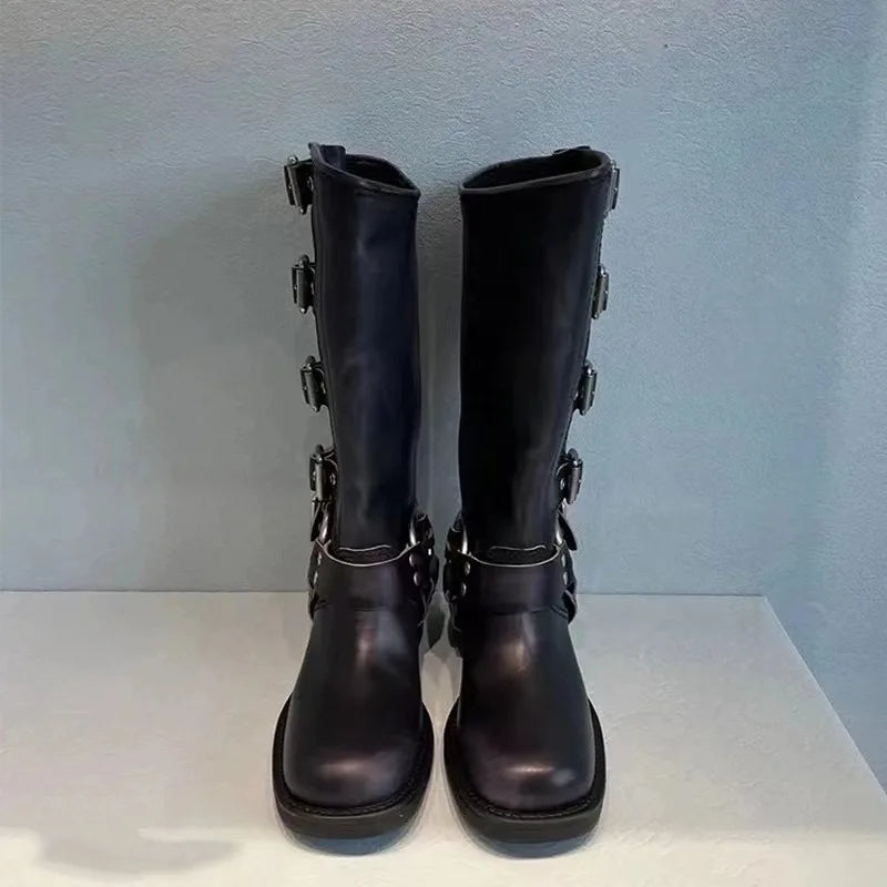 Women's brown premium leather western boots with bold multiple buckle and strap details