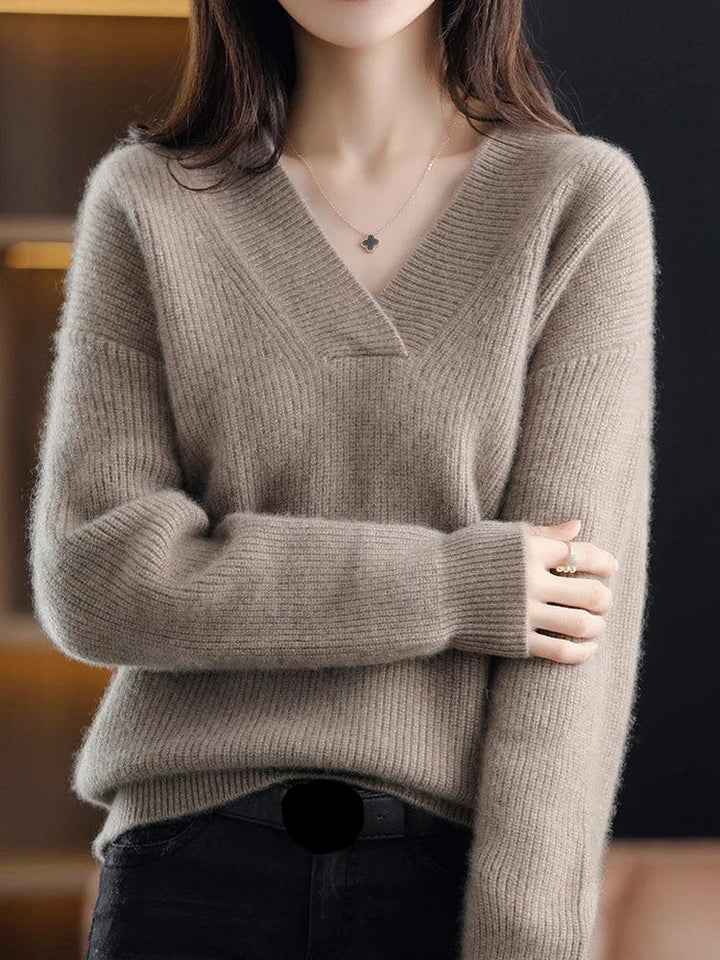 Women's soft knit V-neck pullover sweater, relaxed fit with ribbed trim detail