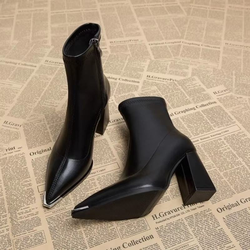 Black pointed toe women's ankle boots with square high heel and back zipper closure