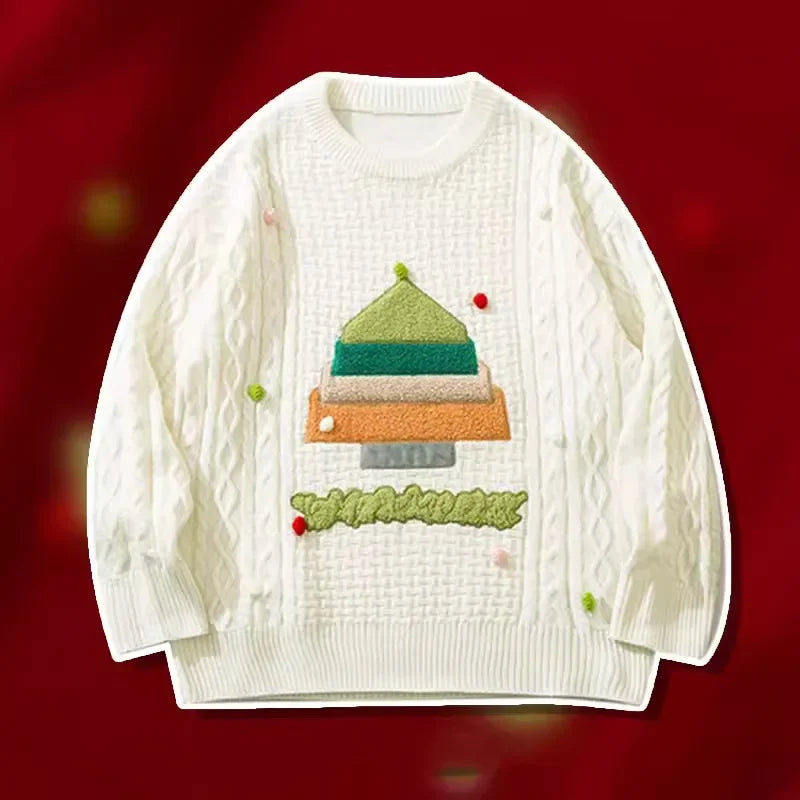Cream vintage knit sweater relaxed fit with 3D detailing and playful pom-pom accents