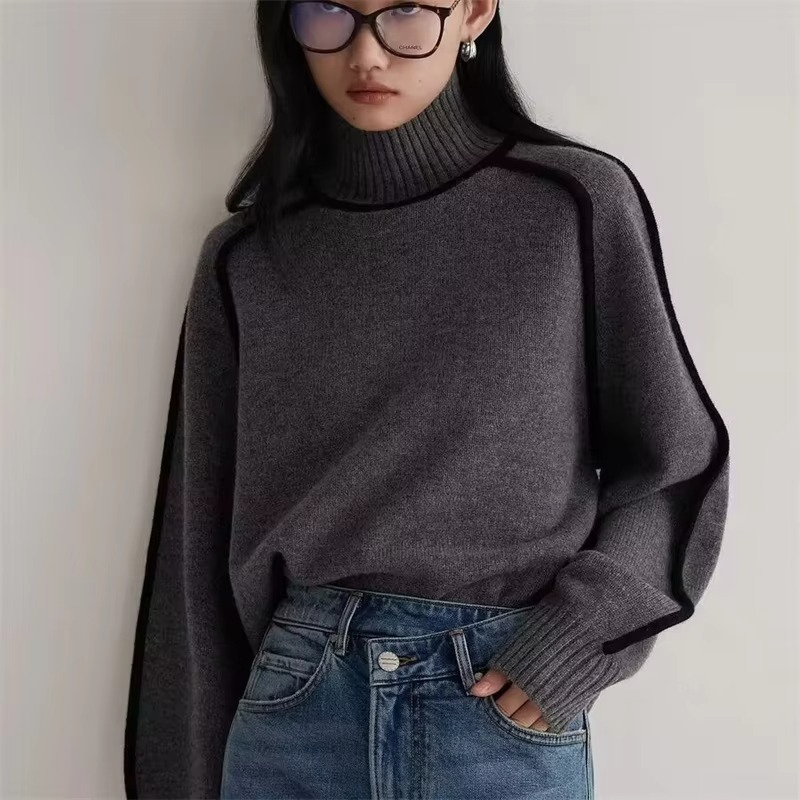 Women's striped turtleneck knit sweater loose fit long sleeve pullover cozy warm casual style