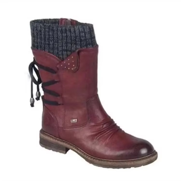 Women's brown faux suede mid-calf winter boots with warm fleece lining and slip-resistant sole