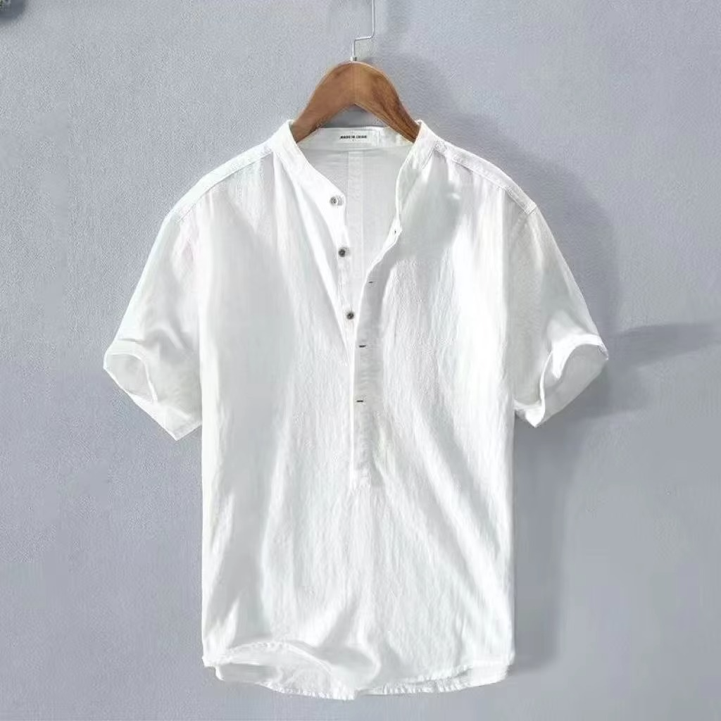 Men's beige cotton linen short sleeve shirt casual relaxed fit breathable lightweight summer beach