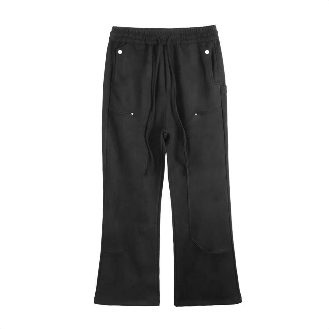 Suede polyester carpenter pants relaxed flared silhouette mid-rise drawstring closure loungewear