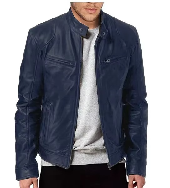 Men slim fit PU leather motorcycle jacket stand collar wind resistant sleek black biker style