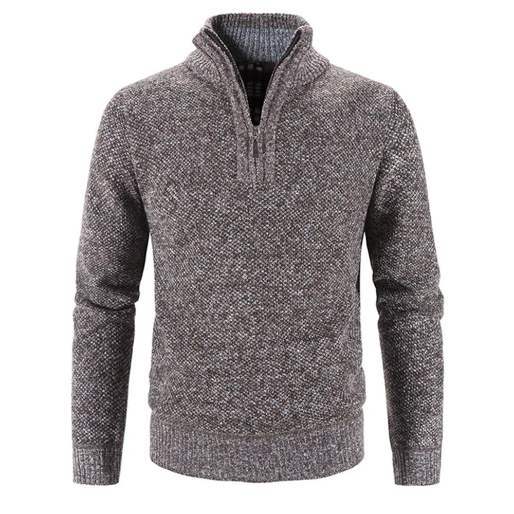 Men's structured knit sweater with quarter zip high collar and ribbed edge detailing in neutral tone