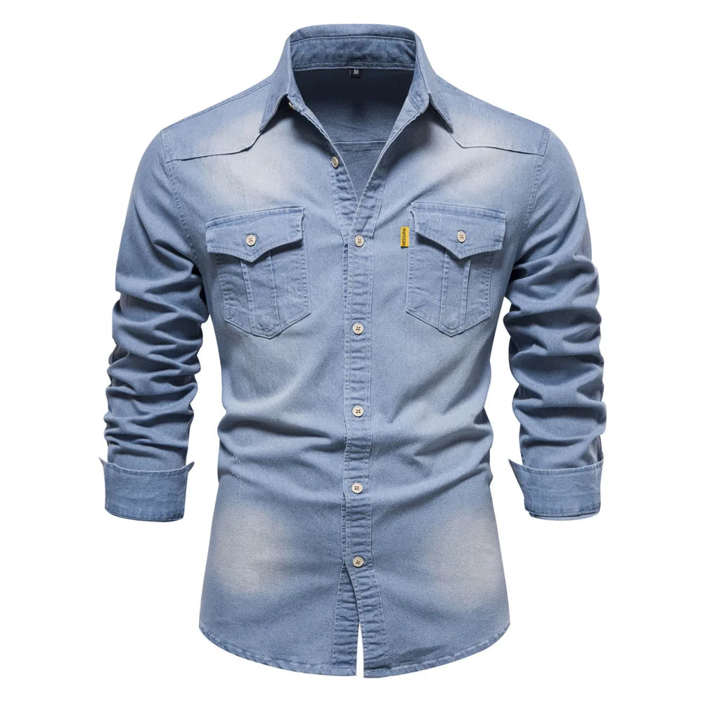 Men's classic casual denim button-up shirt with full-length placket, versatile everyday style S-5XL