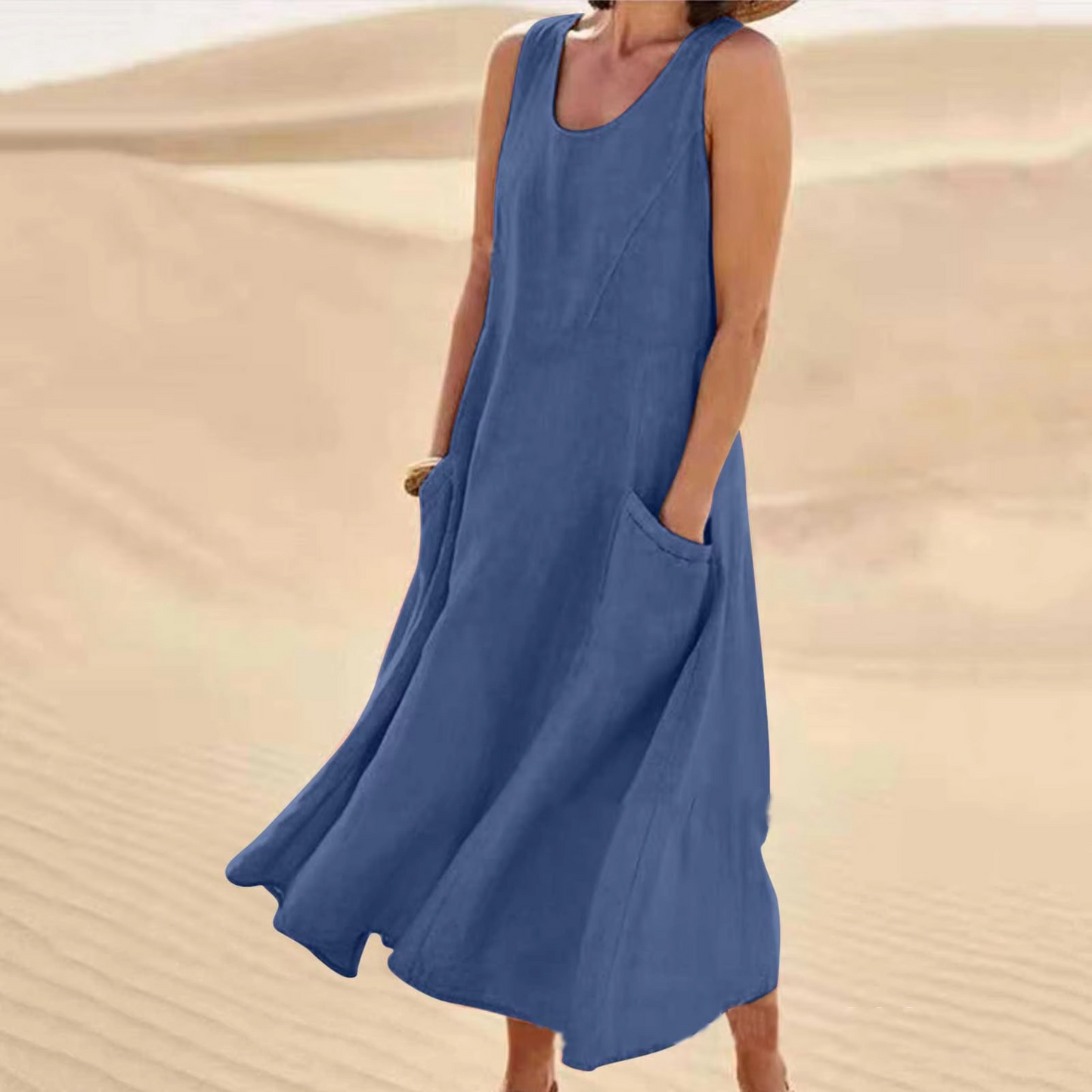 Women's beige cotton linen sleeveless maxi sundress, loose fit with functional side pockets, S-5XL