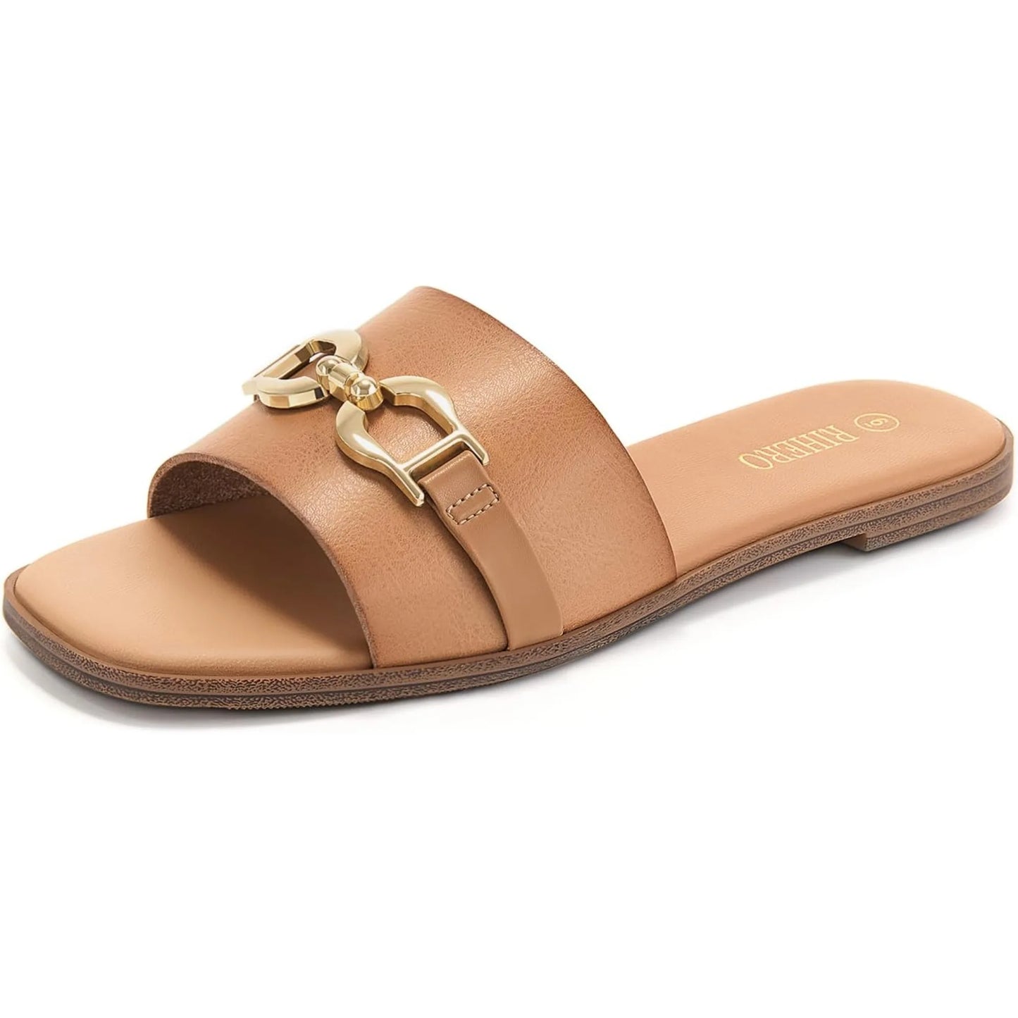Women's beige adjustable buckle sandals with elegant gold hardware detail and classic refined silhouette