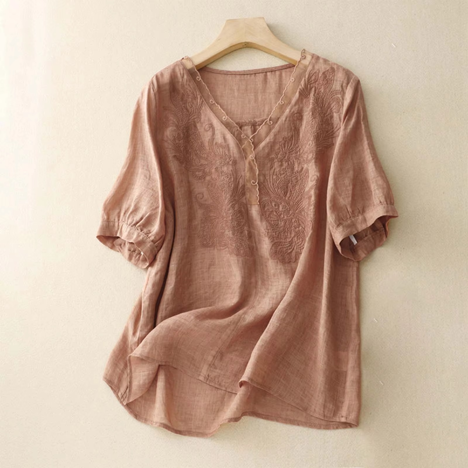 Women's vintage cotton linen v-neck blouse, breathable loose-fit summer top in neutral tones