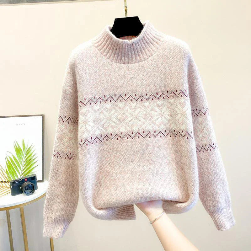 White relaxed-fit turtleneck knit sweater with intricate snowflake jacquard pattern