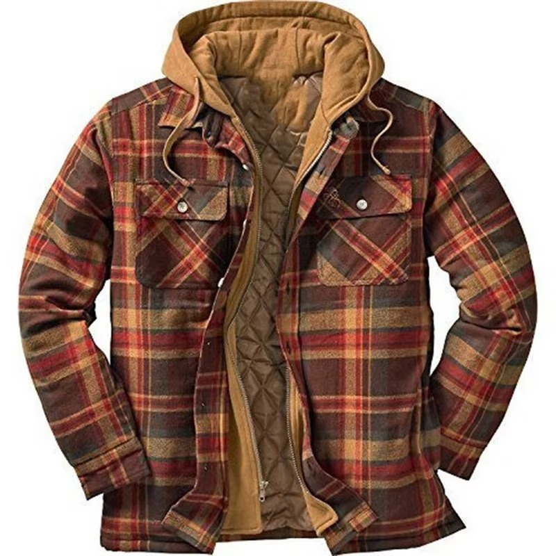 Men's patchwork checkered cotton hooded jacket with color-block panels and relaxed casual fit