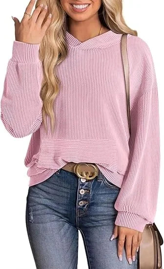 Women's light gray relaxed-fit casual hoodie with round neck and long sleeves, Harper style