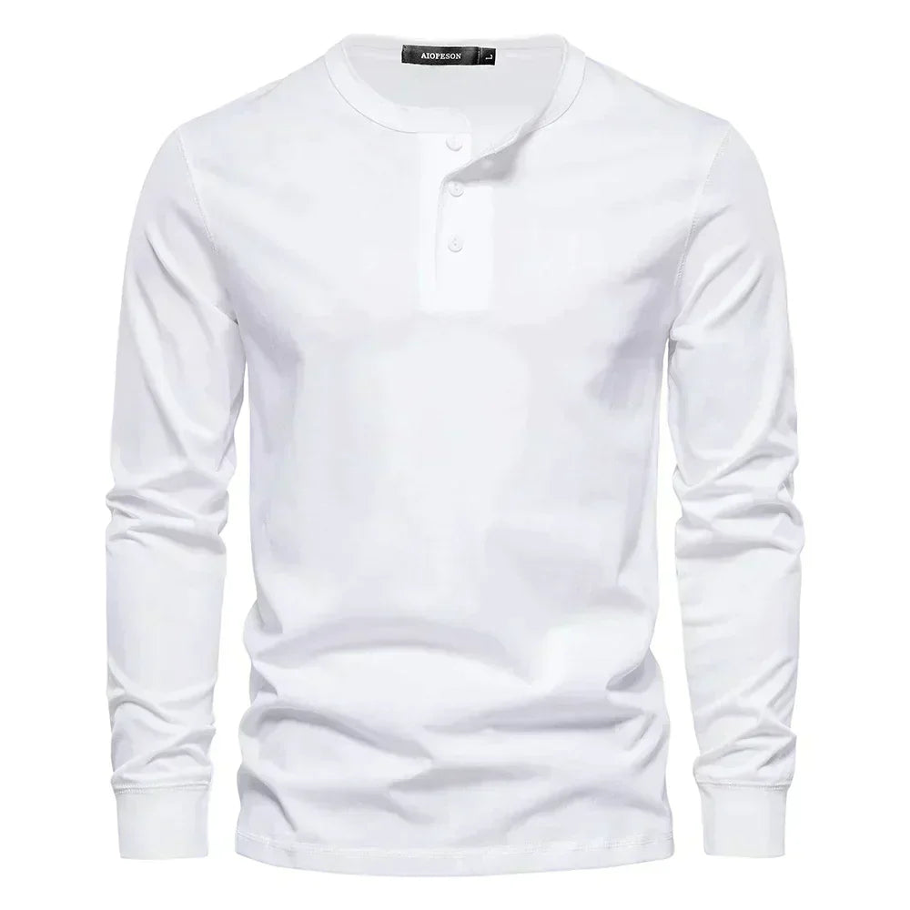 Navy blue men's long sleeve Henley shirt classic casual fit with button-up placket neckline
