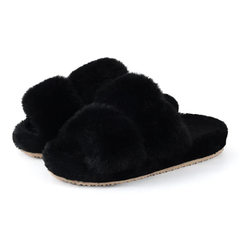 Women's faux fur slide slippers in cozy plush style with open-toe slip-on design