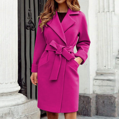 Women's camel wool blend trench coat knee-length classic silhouette with tie belt