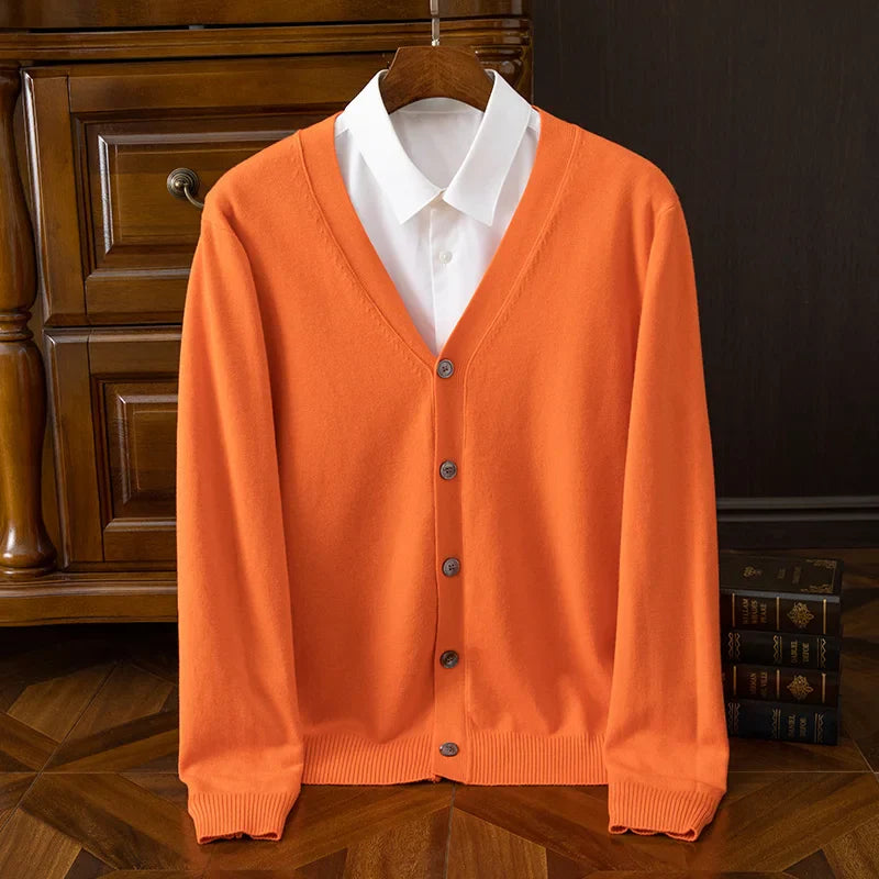 Men's grey cashmere wool blend cardigan with V-neck and relaxed fit, soft lightweight drape