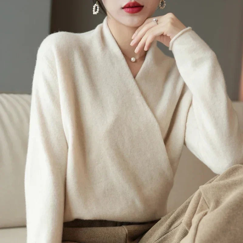 Ivory cashmere wool crossed wrap sweater, loose V-neck silhouette with rolled cuffs hip-length