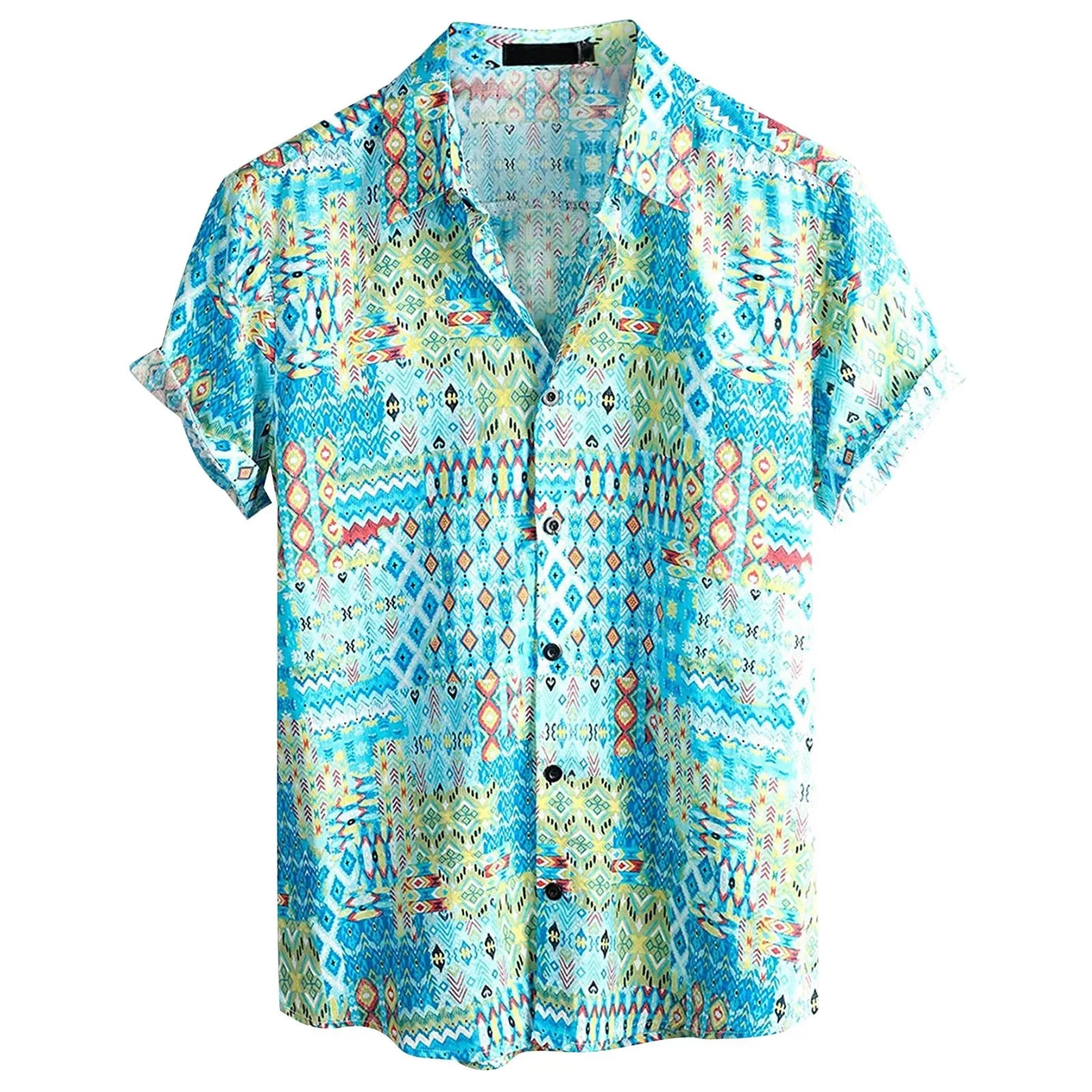 Oversized Hawaiian button-up shirt with bold vibrant prints, turn-down collar, relaxed fit poly blend