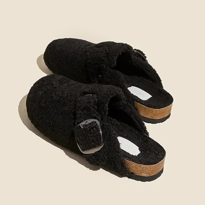 Women's alpine wool fuzzy mules slippers in plush lamb wool with adjustable buckle closure