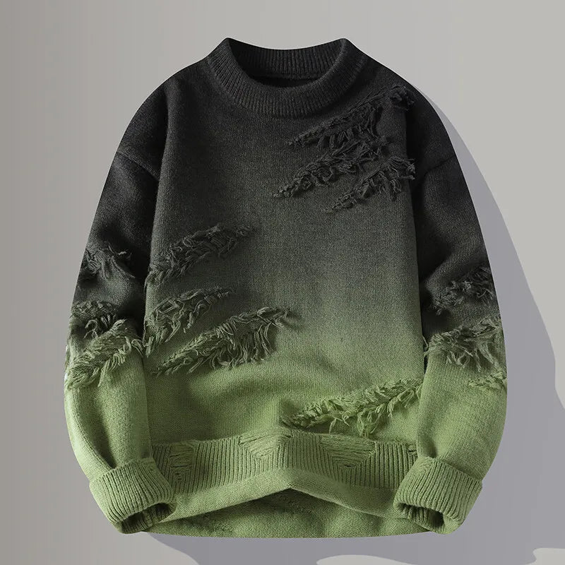 Men's gradient knit sweater with ombre fade, distressed texture, and street-style minimalist cut