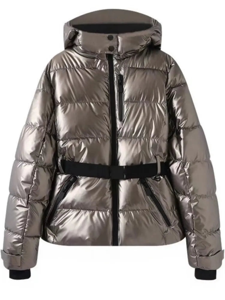 Women's belted puffer jacket metallic finish winter coat fitted silhouette cozy warmth