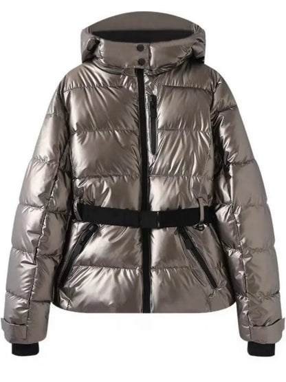 Women's belted puffer jacket metallic finish winter coat fitted silhouette cozy warmth