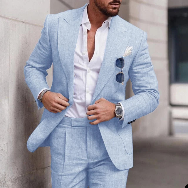 Men's slim fit beige linen suit set single breasted lightweight breathable Nordic Flair elegant
