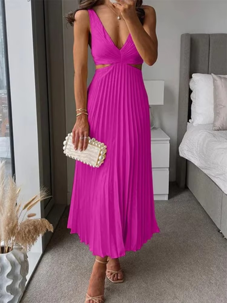 Elegant sleeveless maxi dress deep V neck pleated high waist flowy summer style