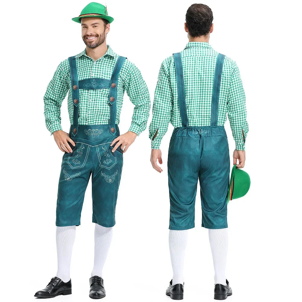 Men's brown knee-length lederhosen costume with tailored fit, embossed detailing and embroidered bib