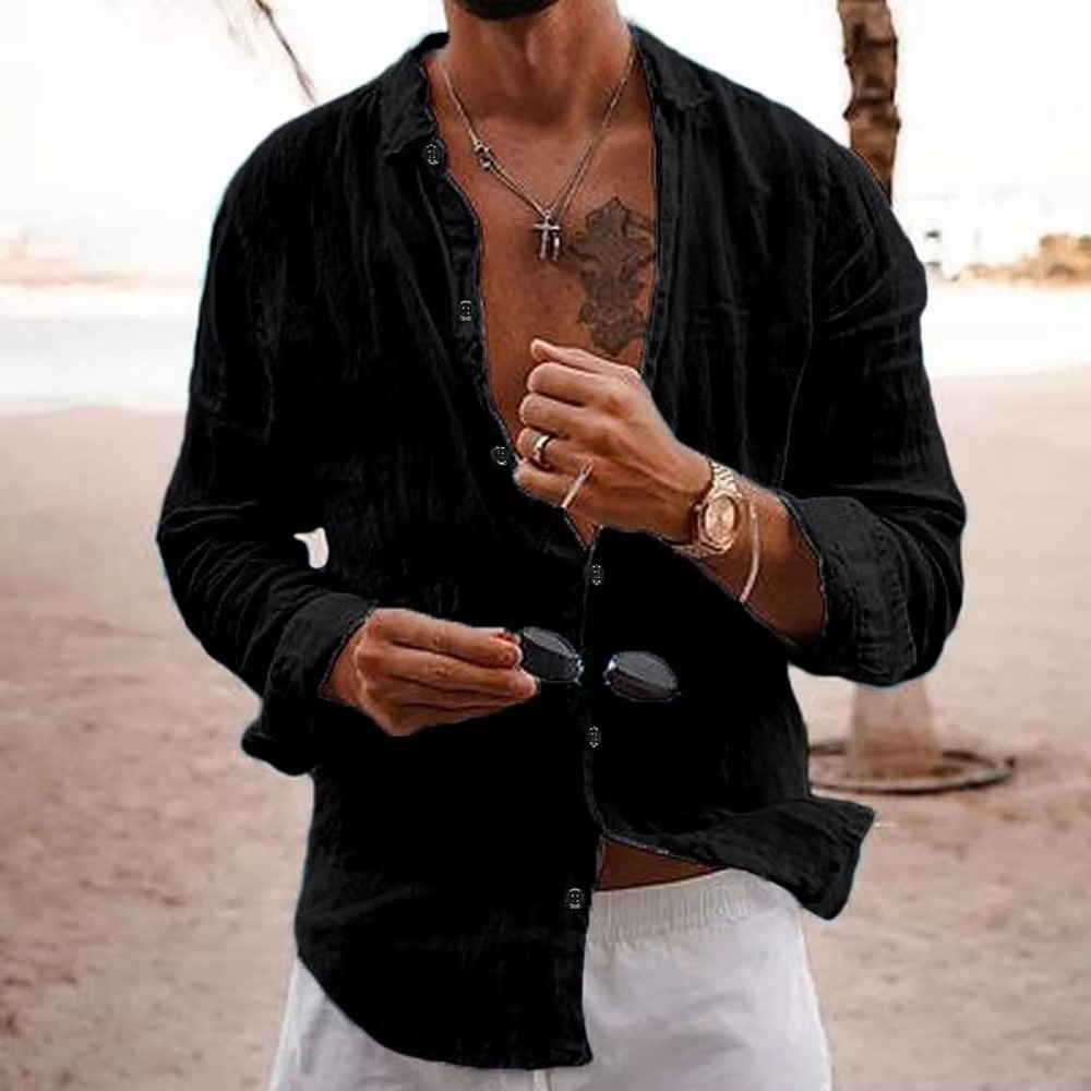 Men's white cotton linen casual shirt loose fit breathable lightweight everyday vacation wear