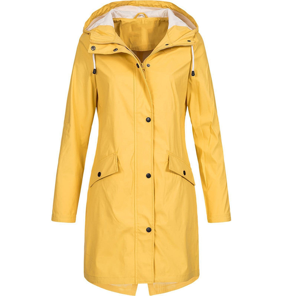 Women's hooded rain jacket in relaxed fit, mid-thigh length, water-resistant zip-front layer