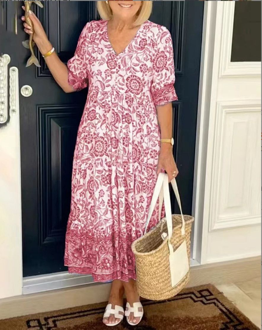 Elegant floral midi dress V-neck flowing silhouette romantic spring print feminine style