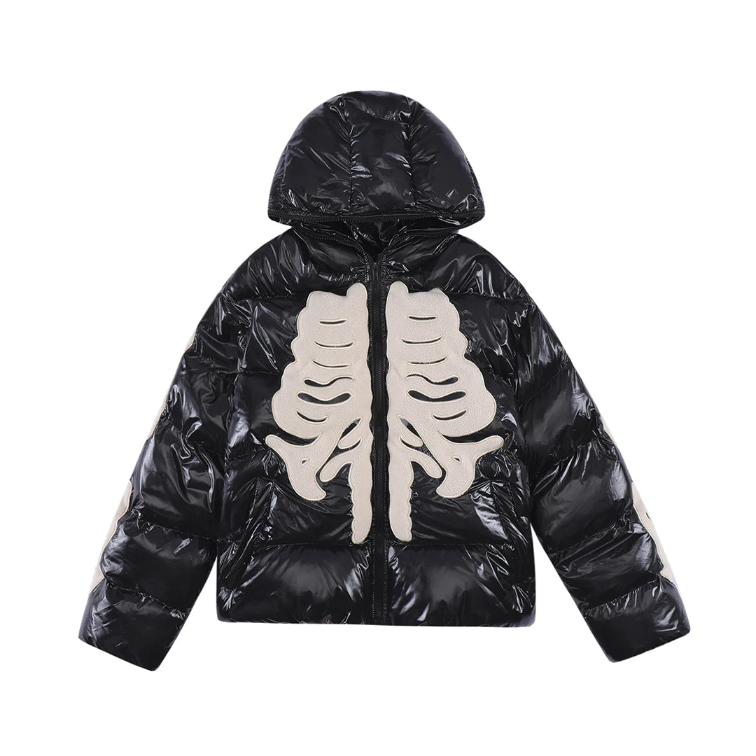 Black skeleton horned parka relaxed fit cotton padded coat with skull mask detail and unique horned hood